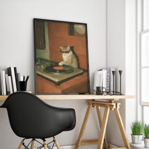 May include: Framed art print featuring a cat wearing sunglasses, operating a record player. The artwork has a vintage aesthetic with warm tones. The cat is the focal point, adding a touch of humor to the music-themed decor.