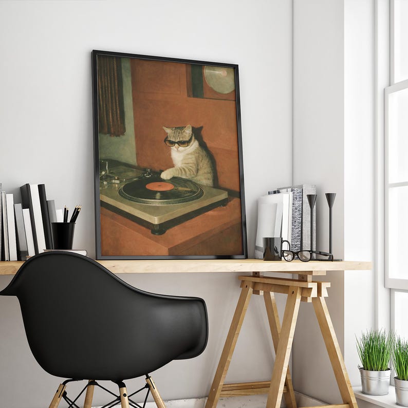 May include: Framed art print featuring a cat wearing sunglasses, operating a record player. The artwork has a vintage aesthetic with warm tones. The cat is the focal point, adding a touch of humor to the music-themed decor.