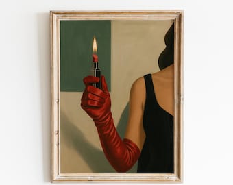 May include: Framed art print featuring a woman in a black dress and red gloves holding a lit lipstick. The artwork has a vintage aesthetic with a green and beige background. The lipstick flame adds a dramatic touch.