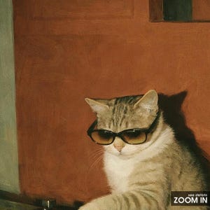 May include: A tabby cat wearing sunglasses with a brown and white coat. The cat is set against a reddish-brown background. The image has a "Zoom In" button in the bottom right corner.