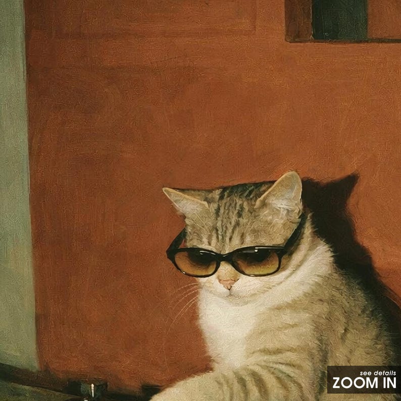 May include: A tabby cat wearing sunglasses with a brown and white coat. The cat is set against a reddish-brown background. The image has a "Zoom In" button in the bottom right corner.