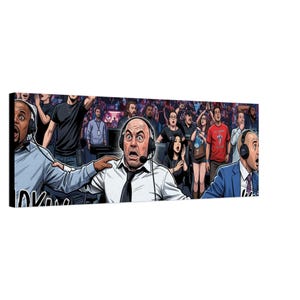 May include: A comic-style illustration depicts a crowd of people reacting with shock and surprise. The central figure, wearing a headset, has a wide-eyed expression. Other figures in the crowd also display expressions of surprise. The artwork is on a rectangular canvas.