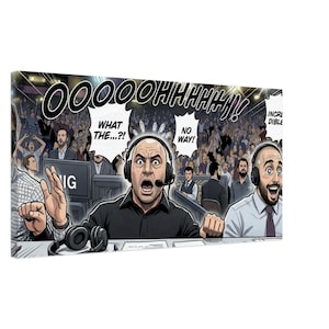 Puede incluir: Ilustración estilo cómic que muestra a dos hombres con auriculares en una cabina de transmisión, reaccionando con sorpresa. El fondo muestra una multitud de personas. Los bocadillos dicen "WHAT THE...?", "NO WAY!" e "INCREDIBLE". También se muestra la palabra "Ooooooohhhhh!!!".