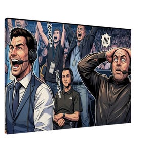 Puede incluir: Una ilustración estilo cómic muestra una multitud de personas, algunas con auriculares, reaccionando con emoción y sorpresa. Una figura con traje y chaleco grita a un micrófono. Otros vitorean con los brazos en alto. Globos de texto con "WOOOH!" y "YEEEAAH!"