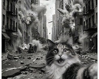 Alien Cat UFO funny selfie image gift for cat mom or cat lover bathroom wall art meme image black and white gag gift