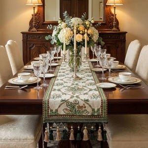 Puede incluir: Una mesa de comedor formal preparada para una comida. La mesa de madera oscura está decorada con porcelana blanca y dorada, cristalería de cristal y un centro de mesa floral. Un camino de mesa estampado con borlas añade un toque decorativo.