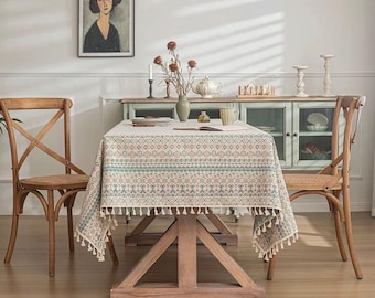 Boho geometryczny obrus z frędzlami, bawełniano-lniany obrus w stylu plemiennym, dekoracja stołu w stylu rustykalnym, etniczny obrus na stolik kawowy w stylu boho