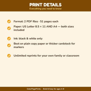 May include: An informational graphic titled PRINT DETAILS Everything you need to know. It lists specifications: 2 PDF files with 51 pages each, US Letter 8.5 x 11 and A4 paper sizes, black and white ink, usage on copy paper or cardstock, and unlimited reprints.