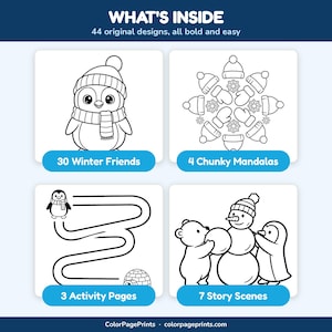 May include: A coloring book page preview titled WHAT'S INSIDE with 44 original designs. It displays four white squares featuring black and white line art: a penguin, a winter mandala, a maze activity, and a bear and penguin building a snowman.