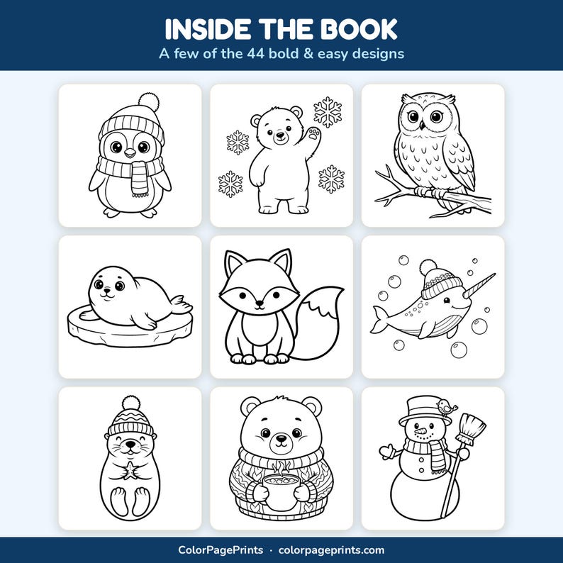 May include: A coloring book page featuring 44 bold and easy designs. The grid displays black and white line art of a penguin, a bear with snowflakes, an owl on a branch, a seal on ice, a fox, a narwhal, a sea otter, a bear with a mug, and a snowman.