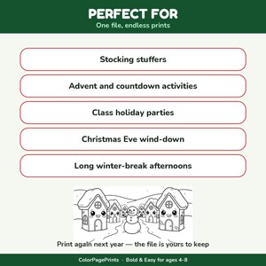 May include: A digital coloring page file featuring a snowy village with houses and a snowman. Text includes: PERFECT FOR, One file, endless prints, Stocking stuffers, Advent and countdown activities, Class holiday parties, Christmas Eve wind-down, Long winter-break afternoons, Print again next year &mdash; the file is yours to keep, ColorPagePrints &middot; Bold & Easy for ages 4-8.