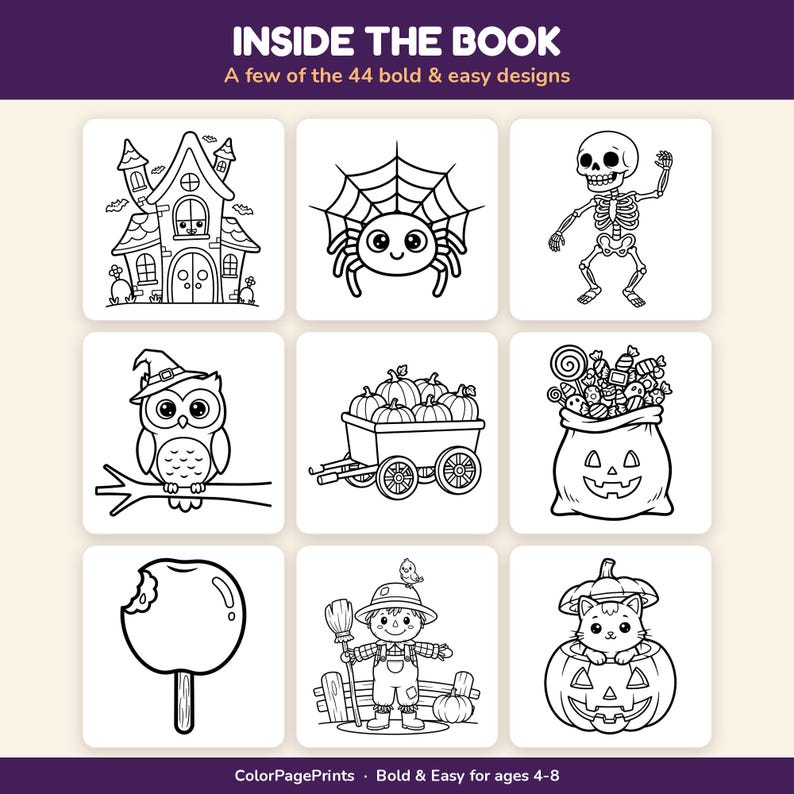 Halloween-Malbuch für Kinder von 4-8 Jahren, 44 druckbare, farbenfrohe und einfache Seiten Bild 3