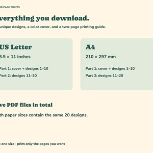 Five PDF downloads: two Letter parts, two A4 parts and a printing guide; the same 20 designs in both sizes.