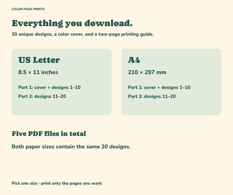 Five PDF downloads: two Letter parts, two A4 parts and a printing guide; the same 20 designs in both sizes.