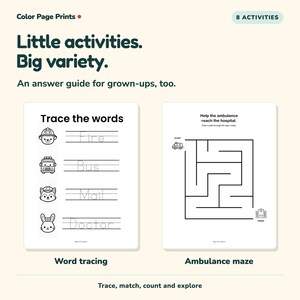 Op de afbeelding: Een set activiteitenbladen getiteld Color Page Prints met 8 activiteiten. E&eacute;n blad bevat woord-oefeningen met diereniconen voor Fire, Bus, Mail en Doctor. Het andere blad is een ambulance-doolhof. Tekst bevat: Little activities. Big variety. An answer guide for grown-ups, too.