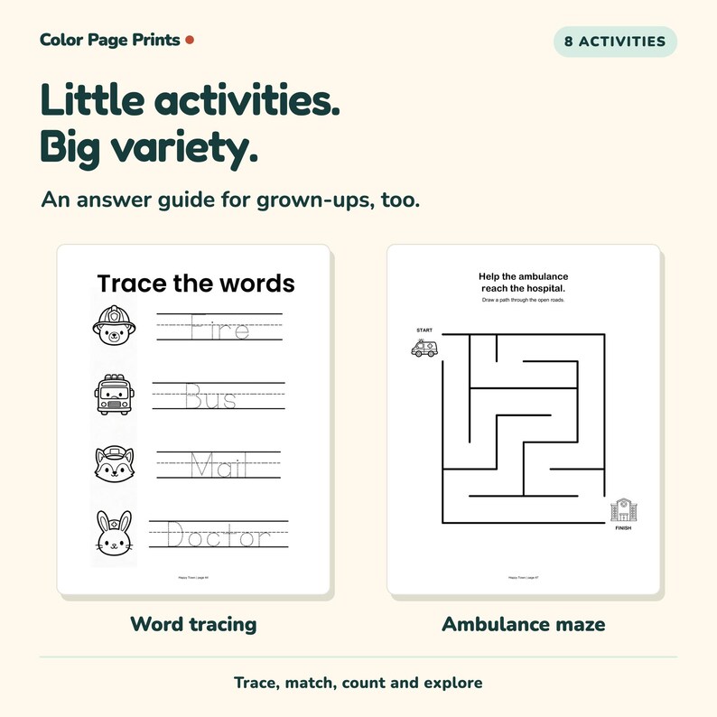 Op de afbeelding: Een set activiteitenbladen getiteld Color Page Prints met 8 activiteiten. E&eacute;n blad bevat woord-oefeningen met diereniconen voor Fire, Bus, Mail en Doctor. Het andere blad is een ambulance-doolhof. Tekst bevat: Little activities. Big variety. An answer guide for grown-ups, too.