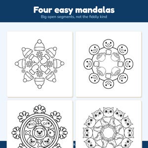 May include: A digital coloring page titled Four easy mandalas, Big open segments, not the fiddly kind. It features four square panels with black and white line art designs: winter hats and mittens, smiling faces with mugs, bears with fish, and owls with skates.