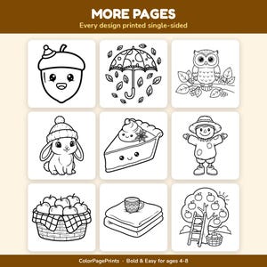 May include: A colouring book page featuring nine black and white illustrations including an acorn, umbrella, owl, rabbit, pie slice, scarecrow, basket of apples, mug on a blanket, and apple tree. The text reads MORE PAGES and ColorPagePrints.