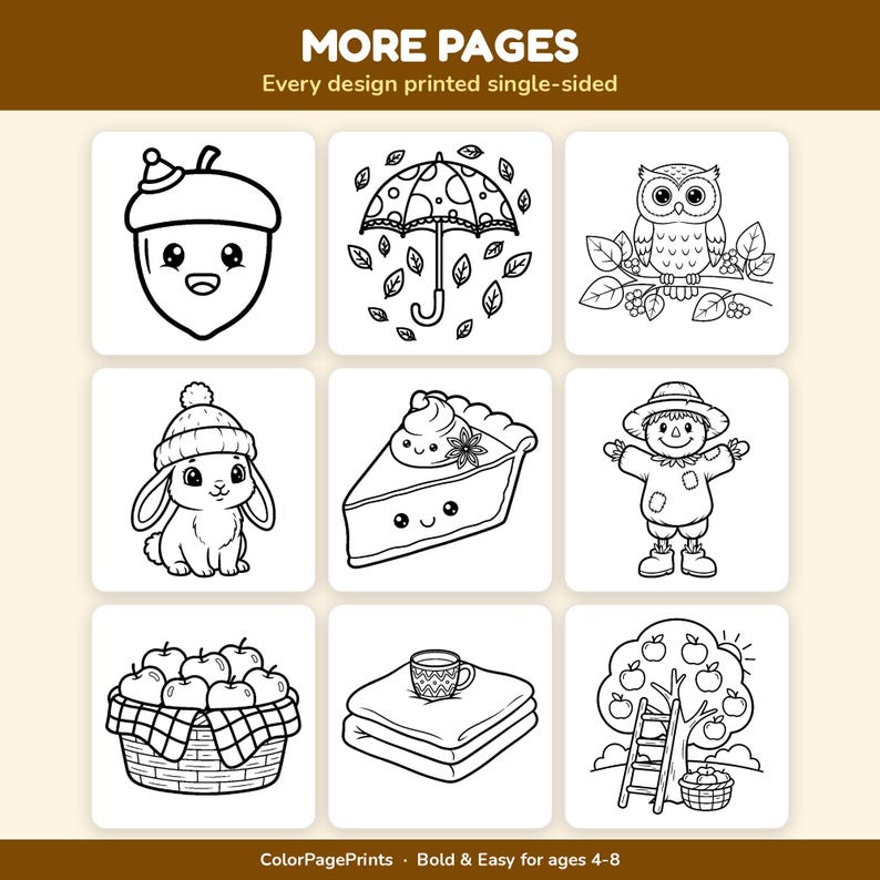 May include: A colouring book page featuring nine black and white illustrations including an acorn, umbrella, owl, rabbit, pie slice, scarecrow, basket of apples, mug on a blanket, and apple tree. The text reads MORE PAGES and ColorPagePrints.