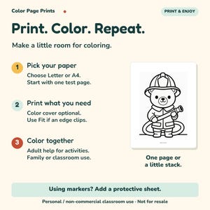 Op de afbeelding: Een digitale instructieafbeelding getiteld Color Page Prints met de tekst Print. Color. Repeat. Het bevat drie stappen voor het printen van kleurplaten, met een zwart-witte lijntekening van een beer verkleed als brandweerman met een brandslang.