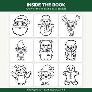 May include: A coloring book page featuring nine black and white line art illustrations of holiday characters including Santa, a snowman, a reindeer, an elf, a bear, a penguin with a gift, an angel, a puppy in a hat, and a gingerbread man.