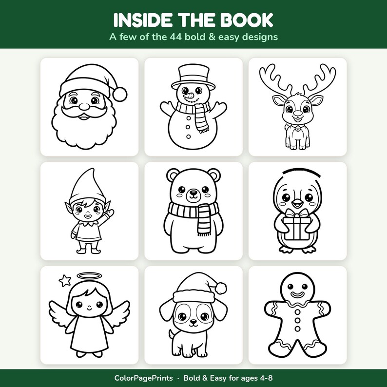 May include: A coloring book page featuring nine black and white line art illustrations of holiday characters including Santa, a snowman, a reindeer, an elf, a bear, a penguin with a gift, an angel, a puppy in a hat, and a gingerbread man.