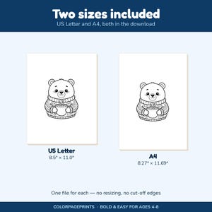 May include: A digital coloring page featuring a bear wearing a sweater and holding a steaming mug. The text reads Two sizes included, US Letter and A4, both in the download, US Letter 8.5 inches by 11.0 inches, A4 8.27 inches by 11.69 inches.