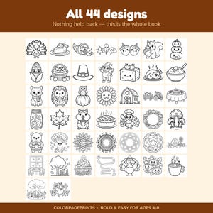 K&ouml;nnte beinhalten: Eine Sammlung von 44 schwarz-wei&szlig;en Ausmalbildern mit herbstlichen Motiven wie Truth&auml;hnen, K&uuml;rbissen, Eichh&ouml;rnchen und Laub. Der Text lautet All 44 designs, Nothing held back &mdash; this is the whole book, und COLORPAGEPRINTS.