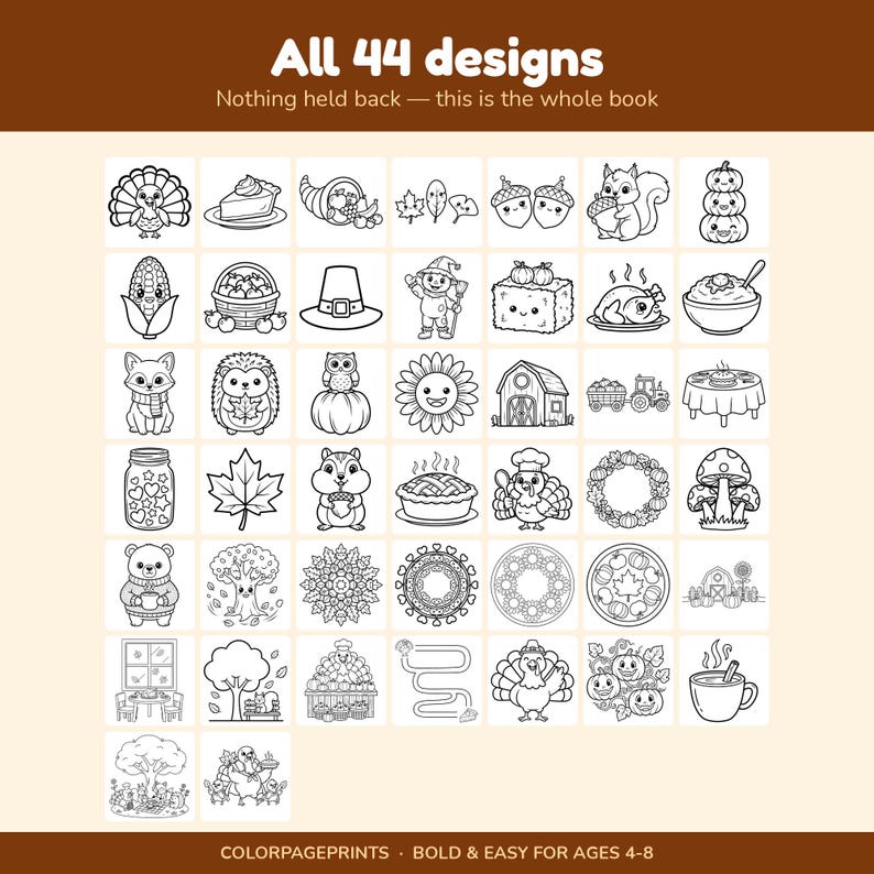 K&ouml;nnte beinhalten: Eine Sammlung von 44 schwarz-wei&szlig;en Ausmalbildern mit herbstlichen Motiven wie Truth&auml;hnen, K&uuml;rbissen, Eichh&ouml;rnchen und Laub. Der Text lautet All 44 designs, Nothing held back &mdash; this is the whole book, und COLORPAGEPRINTS.