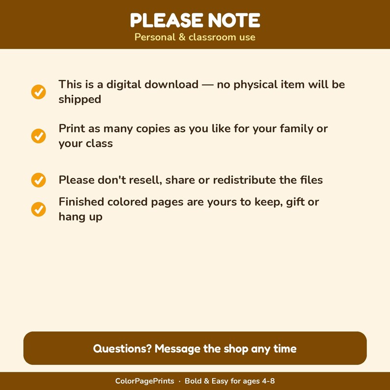 May include: A digital information graphic with a brown header reading PLEASE NOTE Personal & classroom use. It lists four bullet points with orange checkmarks regarding digital download terms, usage rights, and restrictions, ending with a brown button.