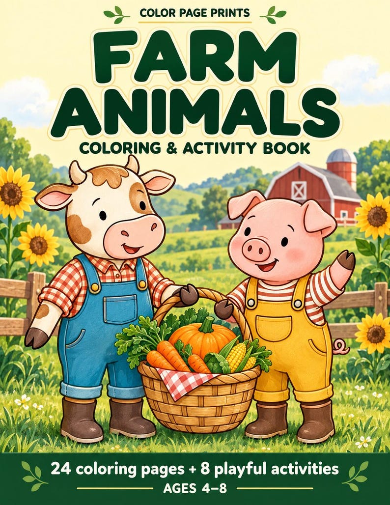 Farm Animals Coloring & Activity Book for Kids Ages 4-8, Printable PDF, 24 Coloring Pages + 8 Activities, Letter and A4 image 2
