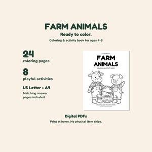Farm Animals printable coloring and activity book cover showing Maple the cow and Pip the pig, with 24 coloring pages and 8 activities in Letter and A4.