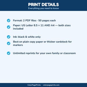 May include: A digital information graphic titled PRINT DETAILS with the subtitle Everything you need to know. It lists specifications: 2 PDF files of 50 pages each, US Letter 8.5 x 11 and A4 paper sizes, black and white ink, and unlimited reprints.