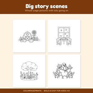 K&ouml;nnte beinhalten: Ein Set aus vier schwarz-wei&szlig;en Ausmalbildern mit dem Titel Big story scenes. Die Seiten zeigen Strichzeichnungen eines Bauernhofs mit K&uuml;rbissen, eines Esstisches am Fenster, Waldtieren bei einem Picknick und eines Truthahns mit einem Kuchen.