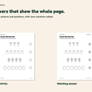 The counting activity and answer guide appear side by side with the same objects and answers 3, 5, 4 and 6.