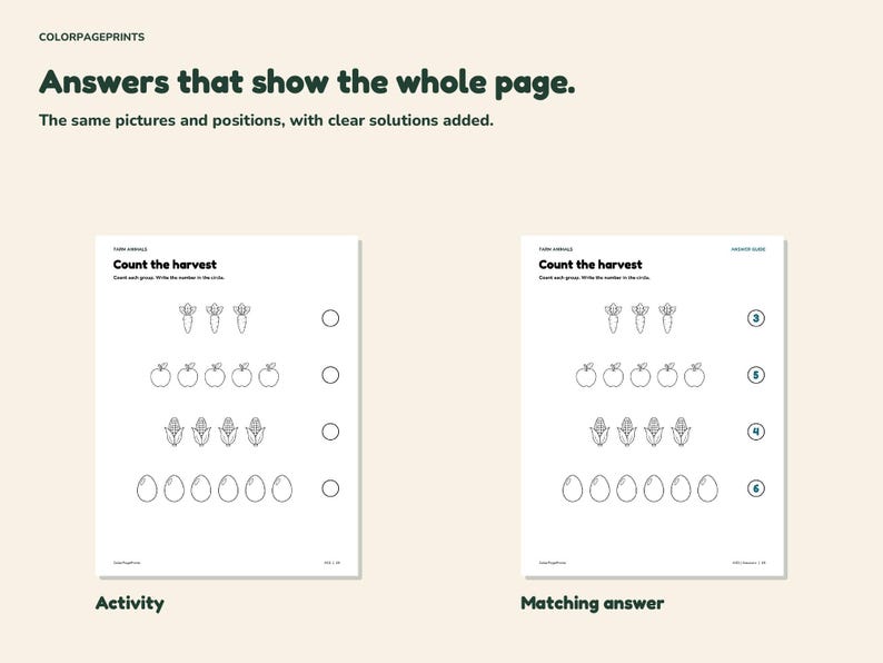 The counting activity and answer guide appear side by side with the same objects and answers 3, 5, 4 and 6.