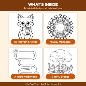 K&ouml;nnte beinhalten: Eine Malbuchseite mit dem Titel WHAT'S INSIDE mit 44 originellen Designs. Sie enth&auml;lt vier Abschnitte: 33 Harvest Friends mit einem Fuchs, 4 Easy Mandalas mit K&uuml;rbissen, ein Wide-Path Maze mit einem Truthahn und 6 Story Scenes mit Waldtieren.