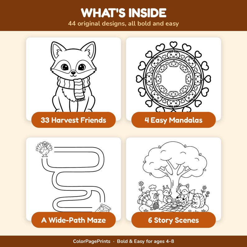 K&ouml;nnte beinhalten: Eine Malbuchseite mit dem Titel WHAT'S INSIDE mit 44 originellen Designs. Sie enth&auml;lt vier Abschnitte: 33 Harvest Friends mit einem Fuchs, 4 Easy Mandalas mit K&uuml;rbissen, ein Wide-Path Maze mit einem Truthahn und 6 Story Scenes mit Waldtieren.