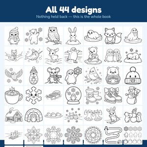 May include: A collection of 44 black and white line art coloring designs featuring winter themes, animals, and holiday icons. The grid displays illustrations of penguins, bears, owls, snowflakes, and snowmen, with the text All 44 designs at the top.
