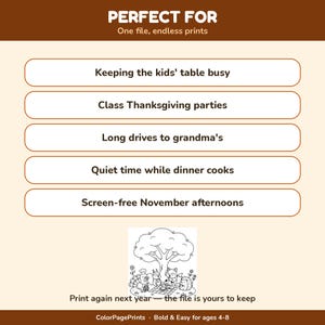 K&ouml;nnte beinhalten: Eine digitale Malvorlagendatei mit einer Liste von Verwendungsm&ouml;glichkeiten, darunter zur Besch&auml;ftigung am Kindertisch, f&uuml;r Thanksgiving-Partys in der Schule, lange Autofahrten zur Gro&szlig;mutter, ruhige Zeiten beim Kochen und bildschirmfreie Nachmittage.