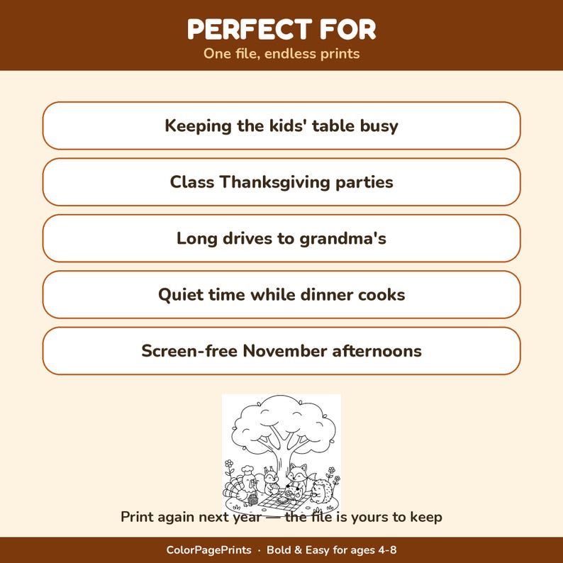 K&ouml;nnte beinhalten: Eine digitale Malvorlagendatei mit einer Liste von Verwendungsm&ouml;glichkeiten, darunter zur Besch&auml;ftigung am Kindertisch, f&uuml;r Thanksgiving-Partys in der Schule, lange Autofahrten zur Gro&szlig;mutter, ruhige Zeiten beim Kochen und bildschirmfreie Nachmittage.