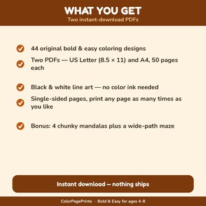 K&ouml;nnte beinhalten: Ein digitales Produktangebot mit dem Titel WHAT YOU GET, das zwei sofort herunterladbare PDFs mit 44 kr&auml;ftigen und einfachen Ausmaldesigns enth&auml;lt. Umfasst US Letter 8,5 x 11 Zoll und A4-Formate, je 50 Seiten, Schwarz-Wei&szlig;-Strichzeichnungen, einseitig bedruckbare Seiten sowie Bonus-Mandalas und ein Labyrinth.