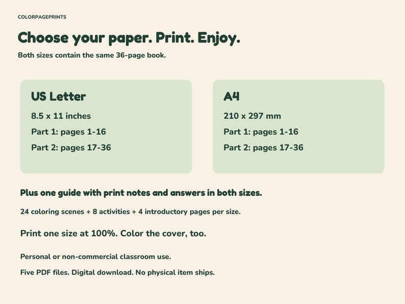 Download contents: Letter and A4 books in two parts each plus a combined printing and answer guide.