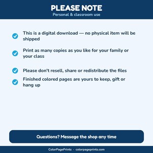 May include: A digital information graphic with a dark blue header reading PLEASE NOTE Personal & classroom use. It lists four bullet points with blue checkmarks regarding digital download terms and concludes with a dark blue button reading Questions? Message the shop any time and a footer with the text ColorPagePrints colorpageprints.com.