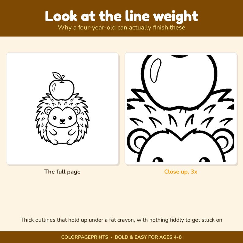 May include: A colouring page featuring a black and white line drawing of a hedgehog with an apple on its head. The image includes text: Look at the line weight, Why a four-year-old can actually finish these, The full page, Close up, 3x, and COLORPAGEPRINTS.