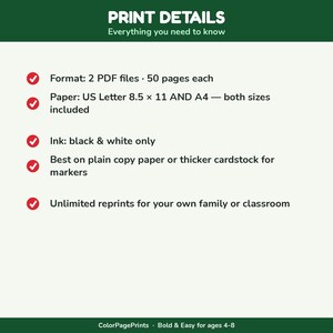 May include: An informational graphic titled PRINT DETAILS Everything you need to know. It lists specifications: 2 PDF files, 50 pages each, US Letter 8.5 x 11 and A4 sizes, black and white ink, usage on copy paper or cardstock, and unlimited reprints.