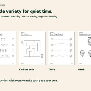 Four actual activities show counting farm objects, a maze, dotted tracing paths and matching baskets.