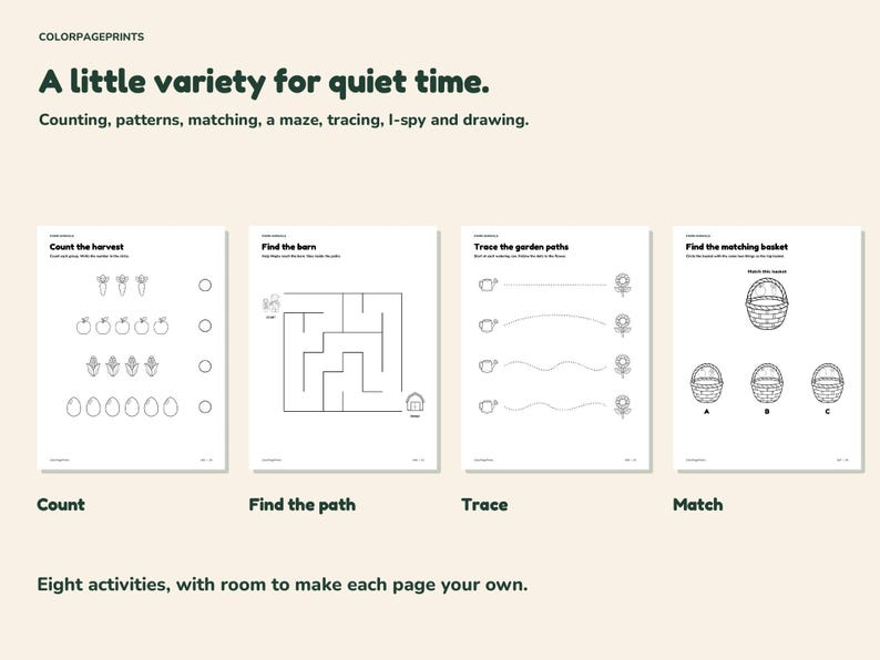 Four actual activities show counting farm objects, a maze, dotted tracing paths and matching baskets.