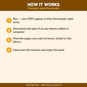 May include: An instructional graphic with a brown header titled HOW IT WORKS and the subtitle Coloring in about five minutes. Four numbered orange circles list steps: Buy PDFs, download to a device, print at home, and hand over the crayons.