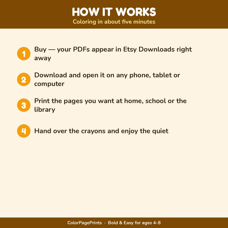 May include: An instructional graphic with a brown header titled HOW IT WORKS and the subtitle Coloring in about five minutes. Four numbered orange circles list steps: Buy PDFs, download to a device, print at home, and hand over the crayons.
